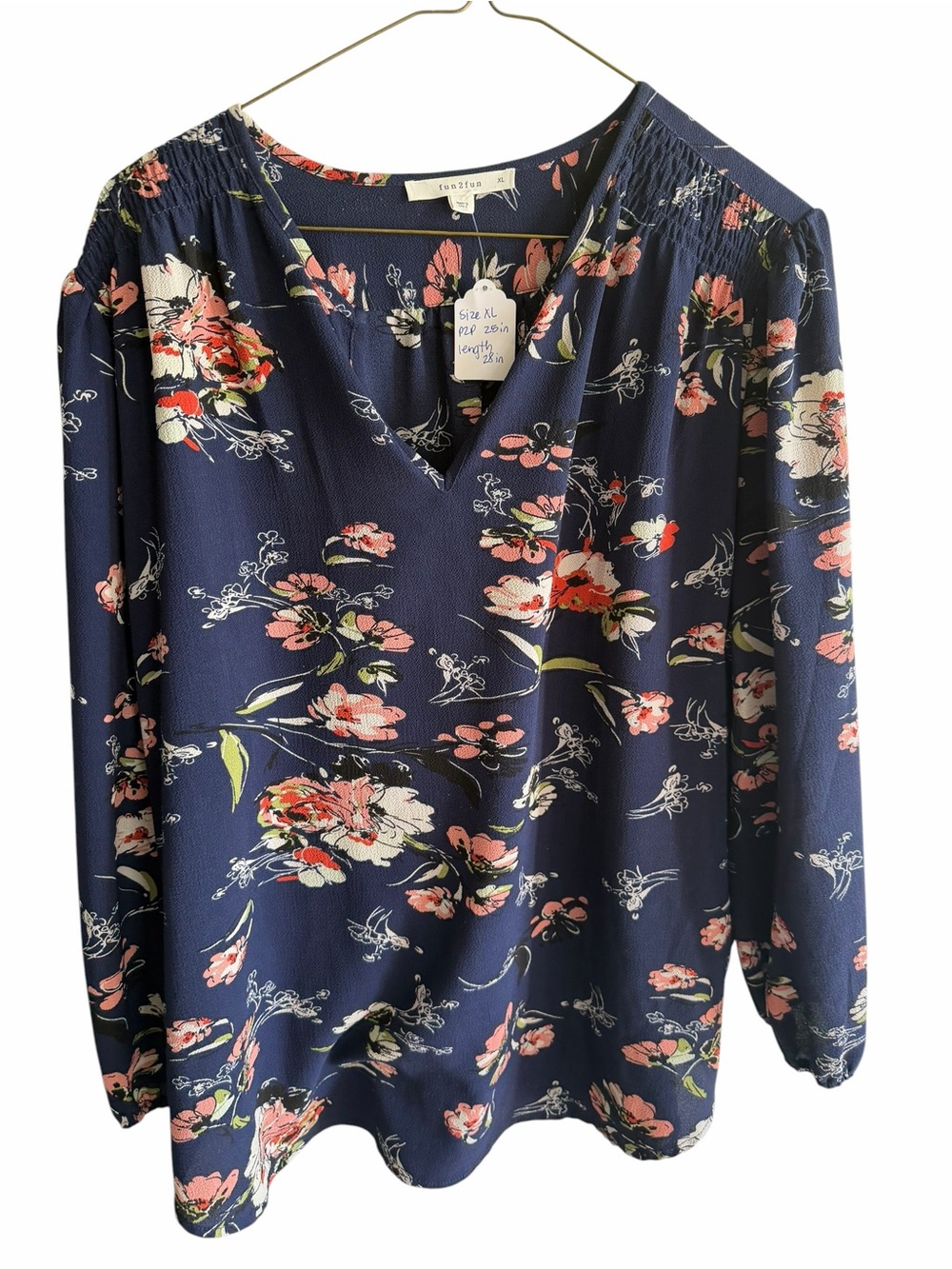 Fun2Fun Navy Floral V-Neck Blouse size XL